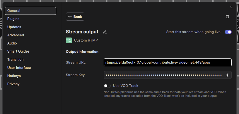 Meld Studio screenshot Stream Output Custom RTMP